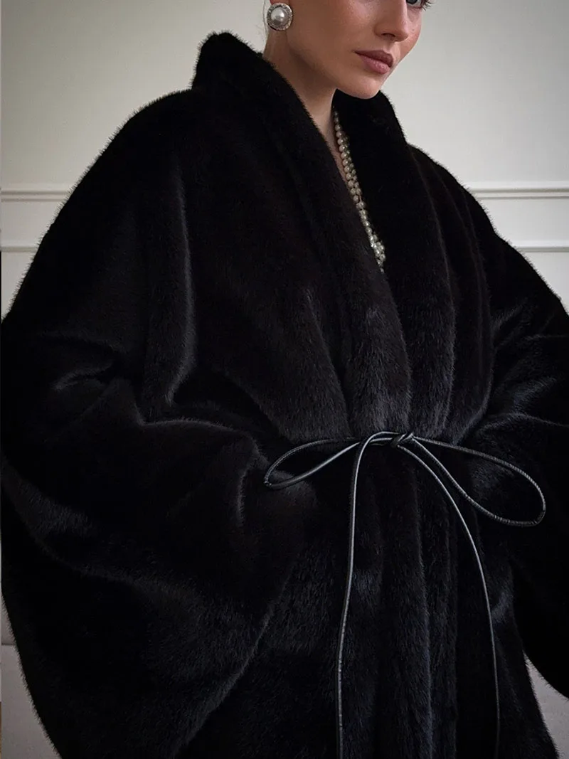 Mid Length Plush Overcoat for Women Autumn Winter Faux Fur Shawl Collar Warm Outerwear Belted Waist Casual Thicked Coat