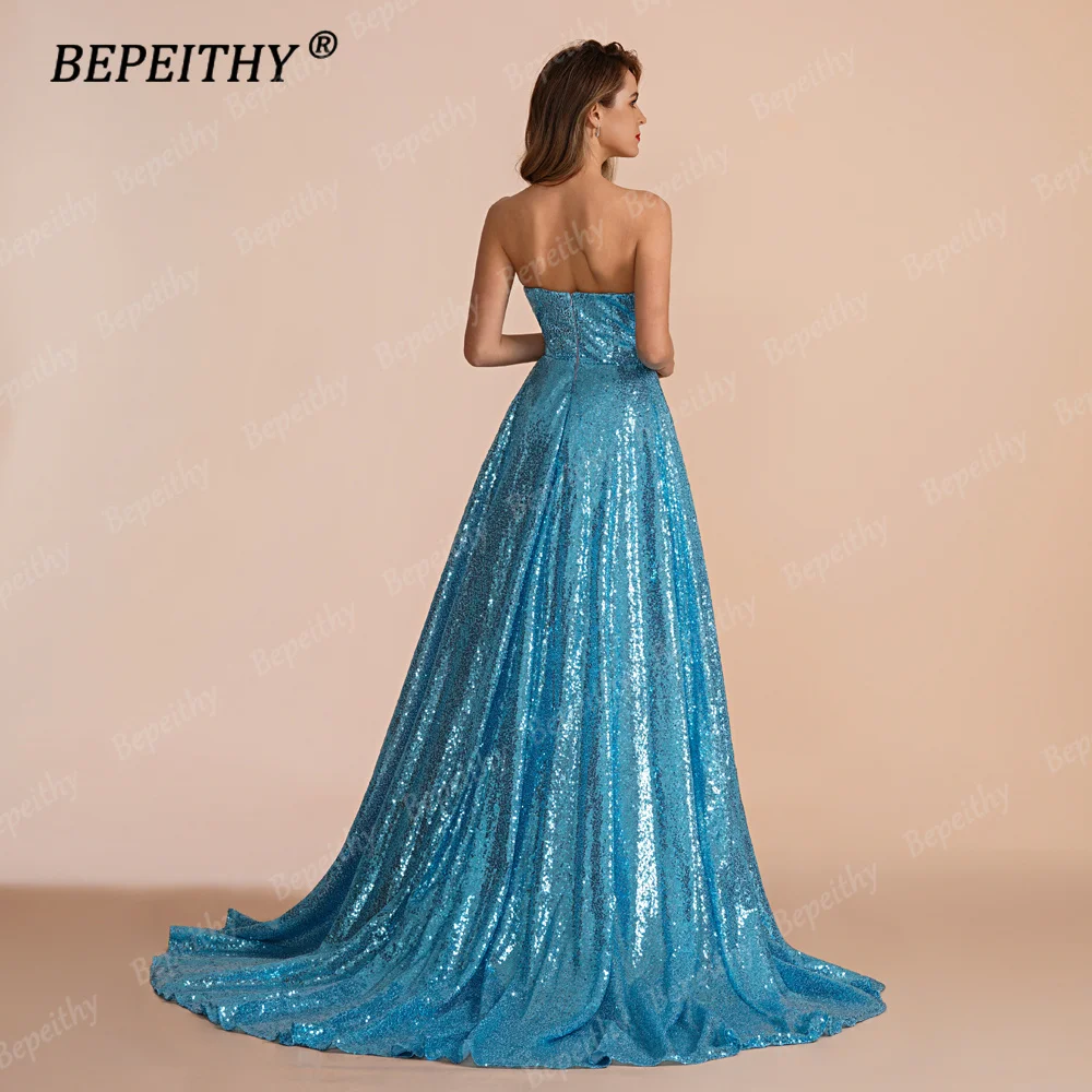 BEPEITHY Customized Strapless Blue Sequins Evening Formal Occasion Dress 2023 For Women Vintage Prom Party Gown With Court Train