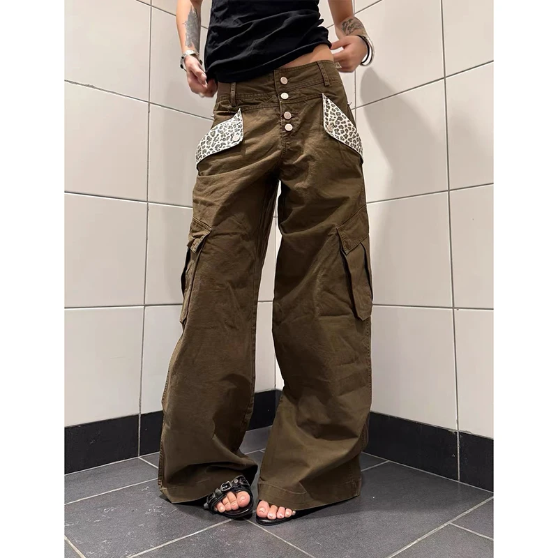 

2025 женские коричневые готические мешковатые джинсы Y2k, эстетический стиль 2000-х годов, джинсовые брюки большого размера, винтажные джинсовые брюки с леопардовым принтом в стиле Харадзюку, осень