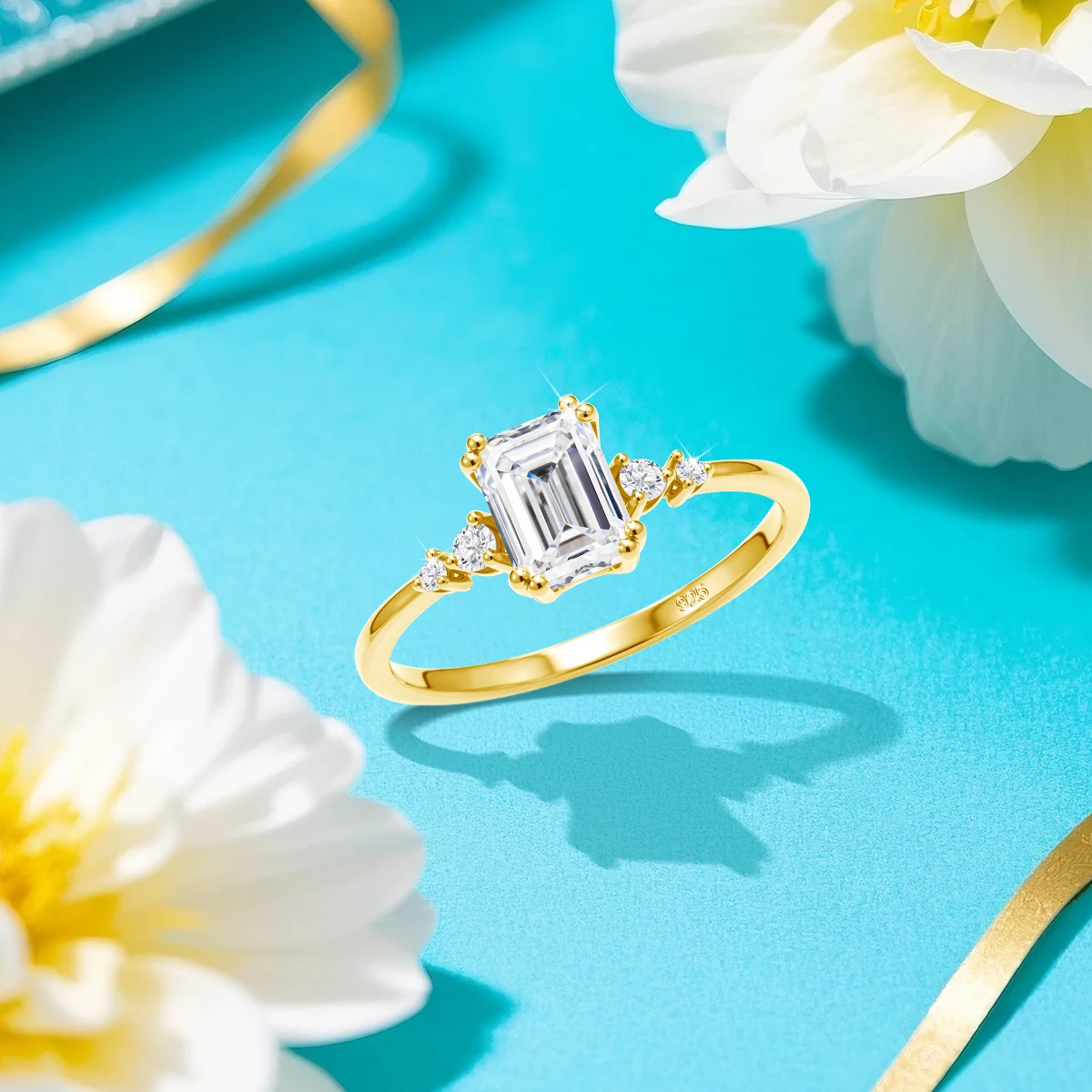 Reine 925 Sterling Silber Klassische Smaragdschliff Moissanit-Ringe für Frauen Fünf-Stein Hochzeits-Verlobungsring Edle Schmuckstücke – Detail 4