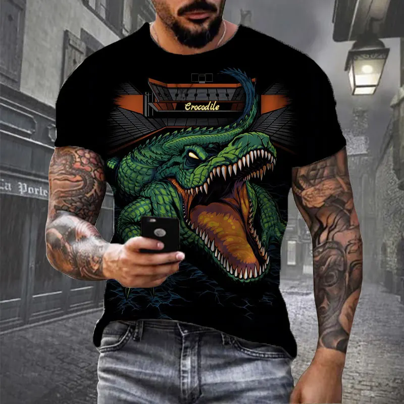 Black Classic Men's T-shirt Animal Pattern Men's Short Sleeve Fierce Crocodile Print Tee Casual Versatile Top Summer Sportswear