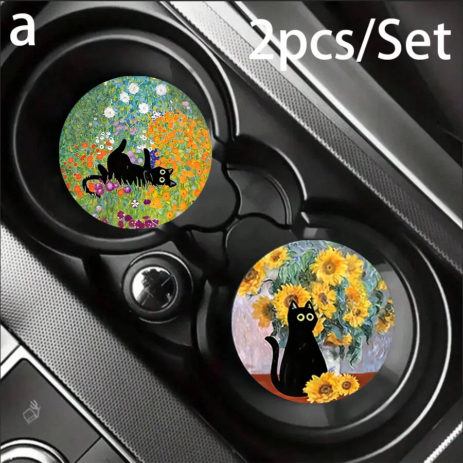 Sunflower Van Gogh Cat Car Leather Coaster Set 2Pcs Anti Scratch Cup Insert Mat 2.75