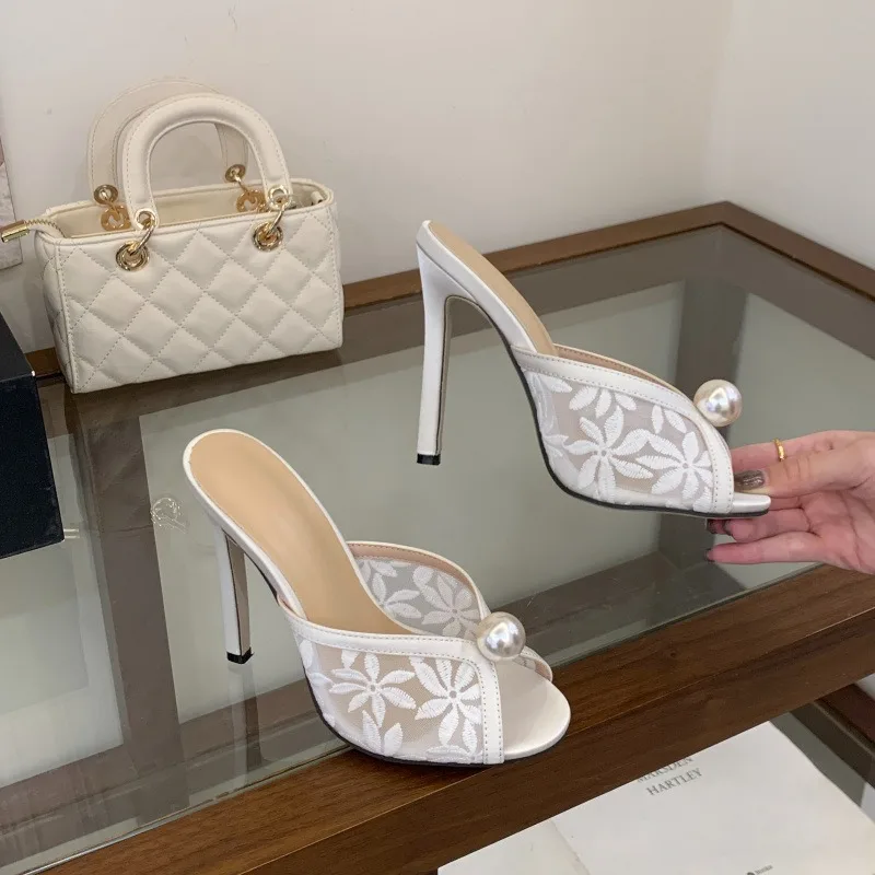

Women's Shoes Luxury Brand Pearl Decorated High Heels Summer New French Slippers Shoes for Women Lace Wedding Shoe Zapatos Mujer