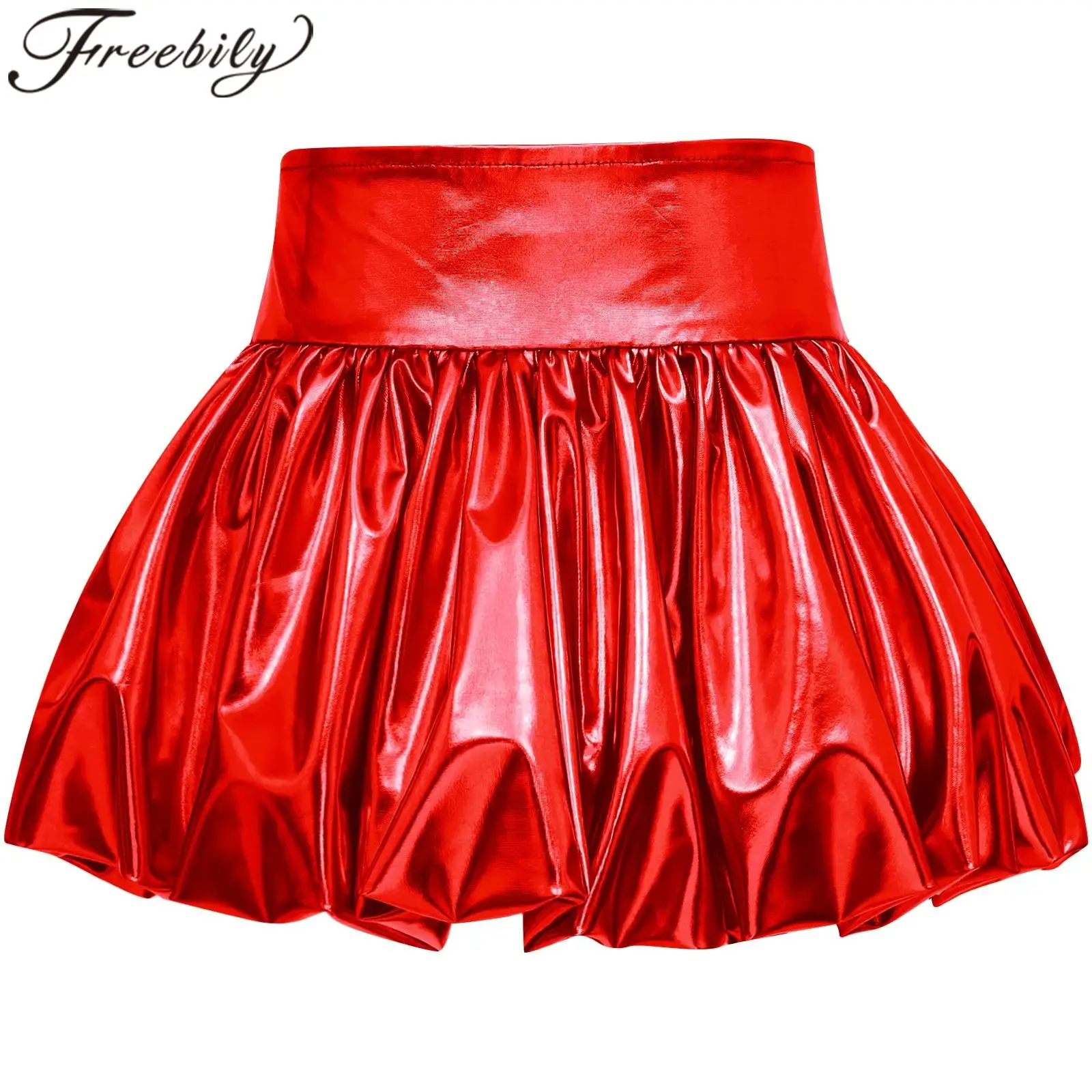 

Kids Shiny Bud Skirts Girls Metallic Bubble Skirt Disco Outfits Mini Skirts for Teens Jazz Dance Party Stage Performance Costume