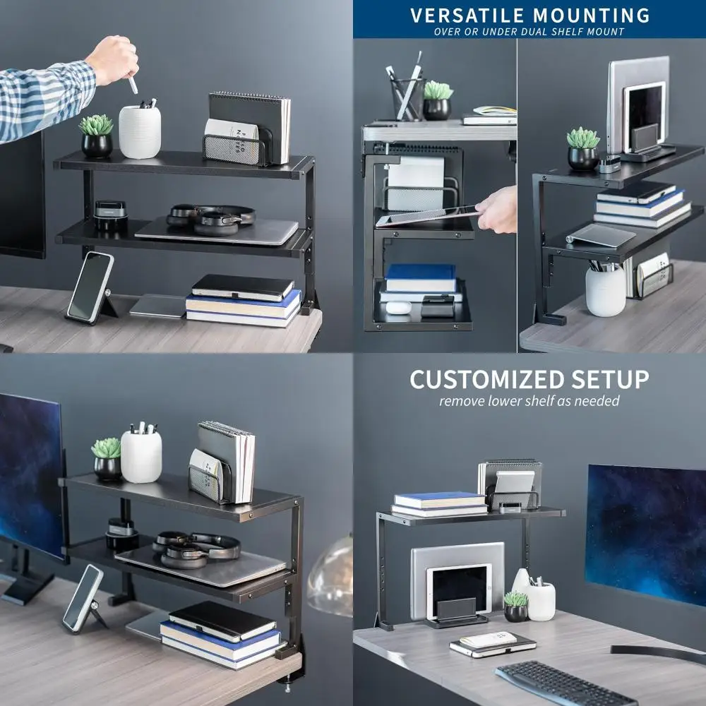 

24 Inch Desk-Mounted 2-Tier Shelving Unit for Accessories, Gaming Devices, and More, Storage Tray, Black