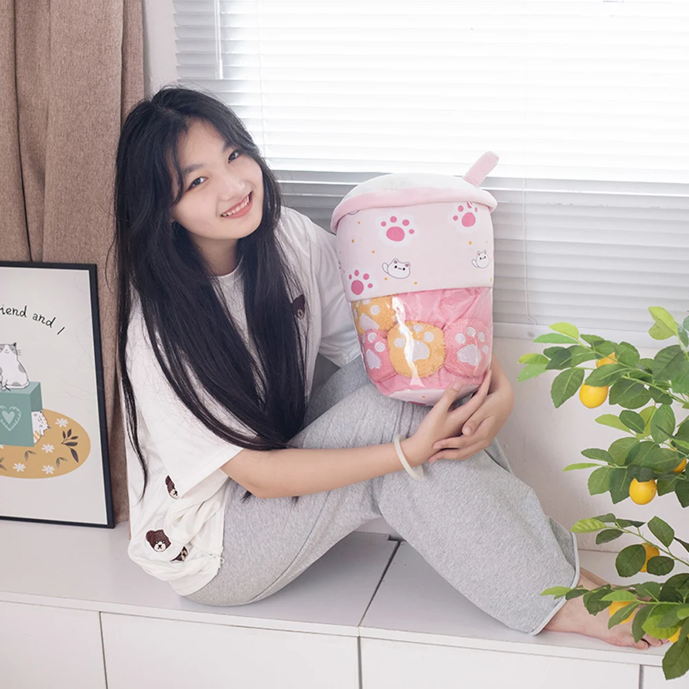 A Bucket Of 6pcs Boba Milk Tea Pudding Plush Toy Cat Paw Wolfberry Hug Creative Lohas Throw Pillow Cartoon Kids Gifts Sofa Decor