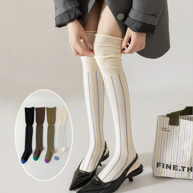 

303 New Autumn/Winter Long Sleeve Women's Socks with Vertical Stripes 5A Antibacterial Pure Cotton Slimming High Tube Knee Socks