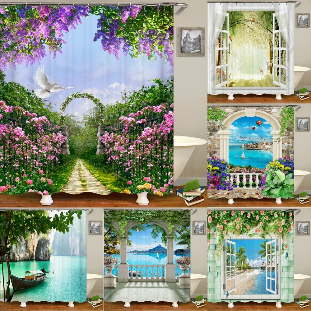 Hochwertiger Waschbarer Duschvorhang Naturlandschaft 3D Wasserdichter Stoff Badezimmer-Dekoration Groß 240X180 Bedruckter Duschvorhang