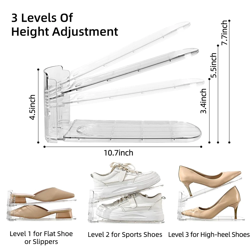 3 Levels Adjustable Shoe Slots Organizer Space Savers 50% Double Layer Shoe Stacker Organizer for Closet High Heels Sneakers