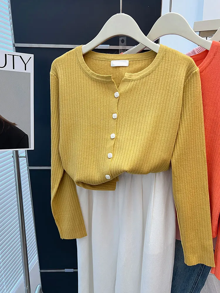 سترة محبوكة بزر واحد من Ele، لون نقي، بسيطة ورائعة، طويلة، فضفاضة، تنحيف العمر، كاميرا نسائية... #2