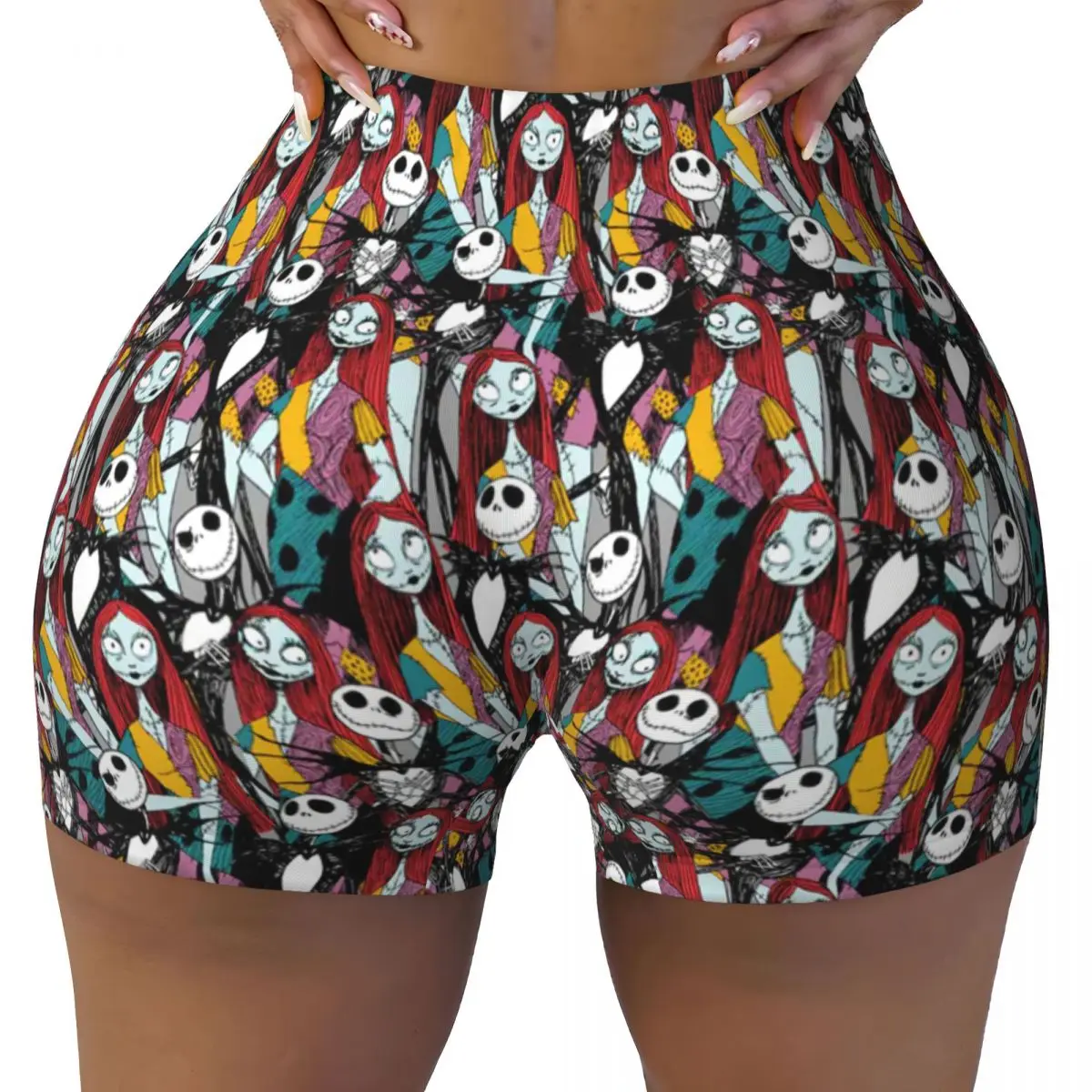 

Custom The Nightmare Before Christmas Sally & Jack Volleyball Biker Gym Shorts Women Athletic Workout Yoga Shorts