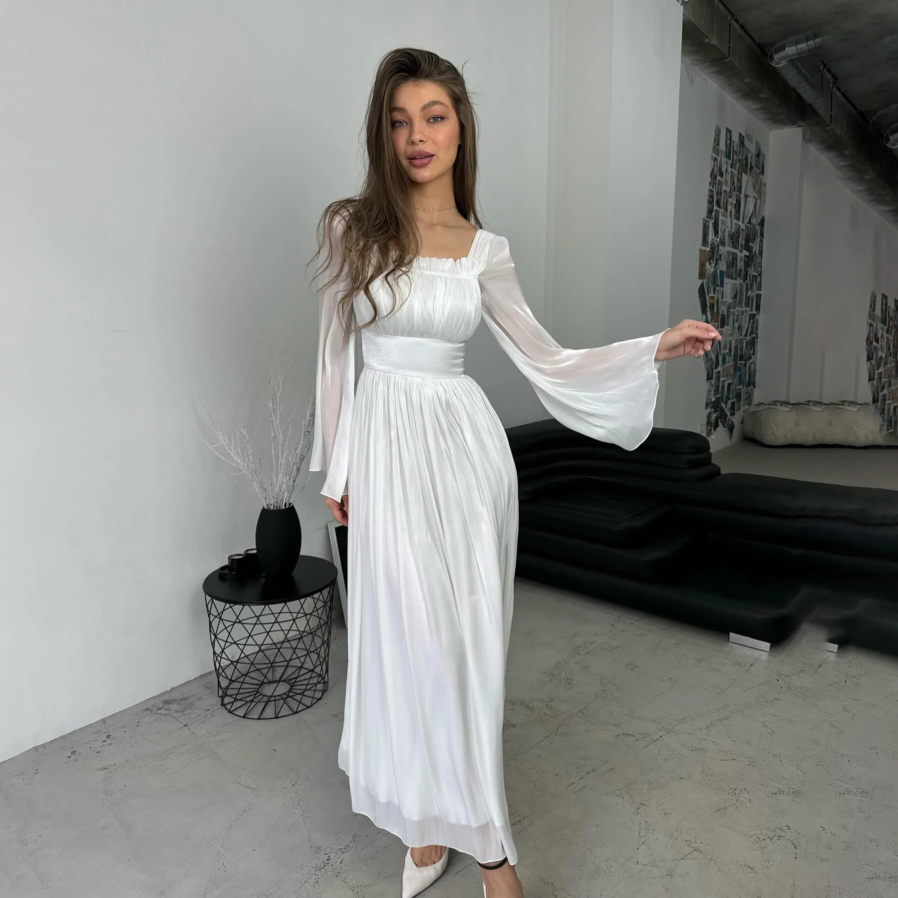 

GIOIO Square Collar Luxury Formal Evening Dresses Pleat Long Sleeves فساتين سهرة Ankle Length Elegant Prom Gowns Party Women