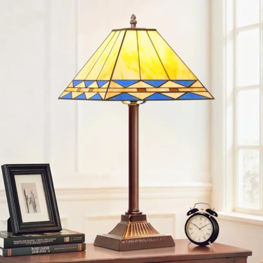 

Square Stained Glass Table Lamp, Vintage Style Desk Lamp, Mid Century Modern Bedside Nightstand Lamps with Rocker Switch, Uniqu