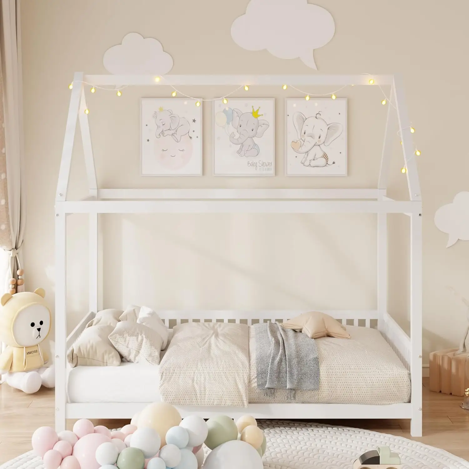 Lit de maison pleine grandeur pour enfants, cadre de lit à plateforme en bois avec lumière et garde-corps pour adolescents, filles et garçons, pas besoin de ressort de boîte, blanc