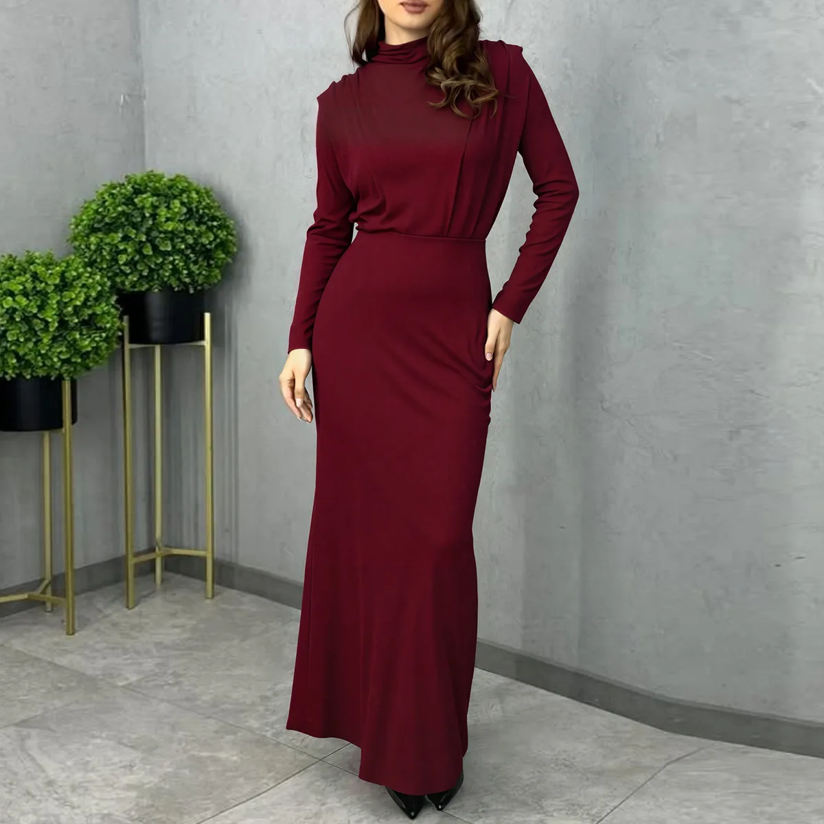 Spring Fashion Elegant Slim Fit Long Sleeved Dress Western Style Solid Color Simple Waist Collection for Women