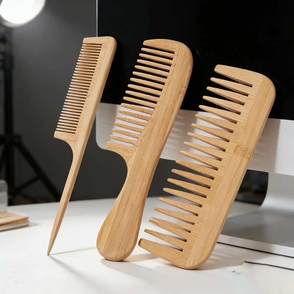 3-Piece Set of Natural Bamboo Comb with Pointed Tail Comb and Wide Tooth Comb, a Natural and Healthy Hair Care Styling Comb
