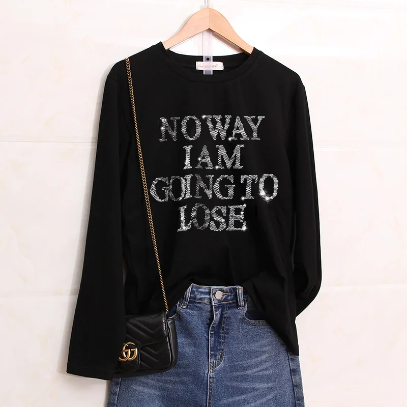 

Spring Fashion Alphabet Hot Drill Harajuku Women's Tees Korean Version Loose High-quality Cotton Black Long-sleeved T-shirt