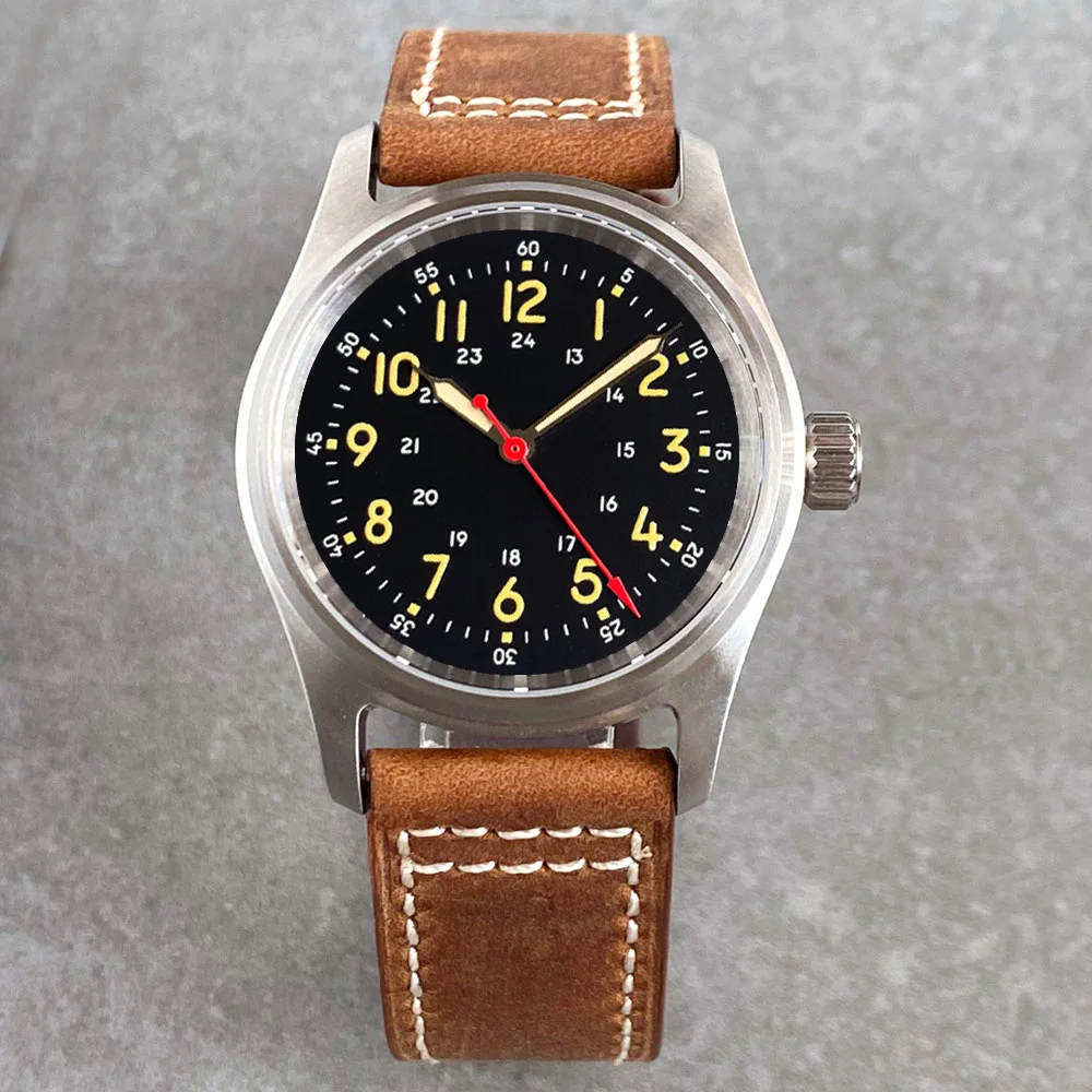 Tandorio 36mm Military Mechanical Red Yellow Mark Vintage Diving Watch Men Wristwatch NH35 PT Moving Small Pilot Red Arrow Hand