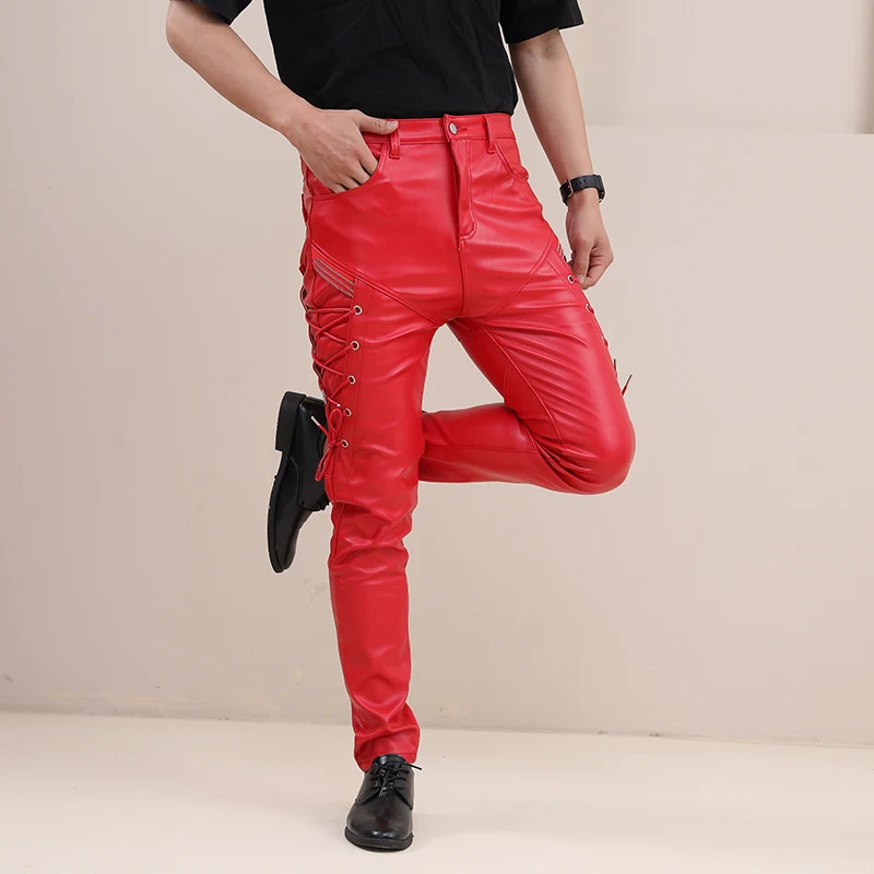 Fashion Skinny Leather Pants Faux Red Joggers Motorcycle Party NightClub Trousers For Men With Strings