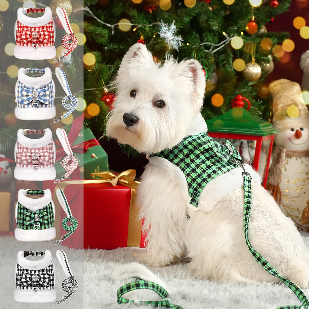 

Winter Warm Dog Harness Leash Set Christmas Plaid Dog Harnesses With Removable Fur Collar Cute Bowknot Pet Vest Soft For Dogs