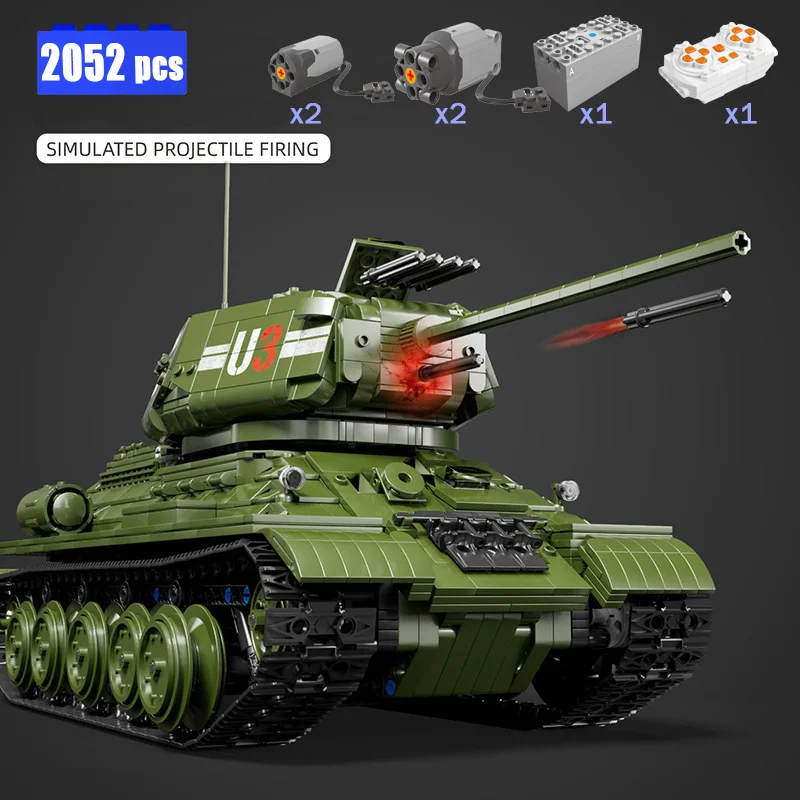 

New Ww2 Military Remote Control T34 Tank Building Blocks Model Moc Idea Weapon Bricks Assembling Toys for Children Birthday Gift