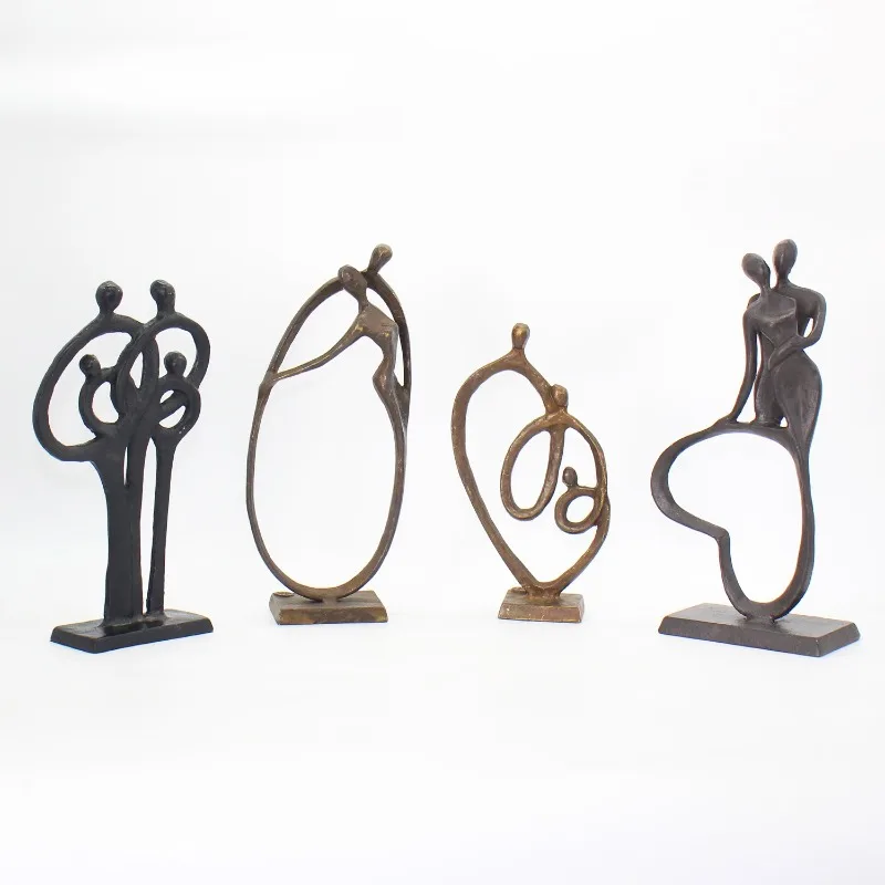 Cast Iron Abstract Family of Four Statue,European Retro Figurine Sculpture, Vintage Metal Art Craft  Bookshelf Tabletop Ornament