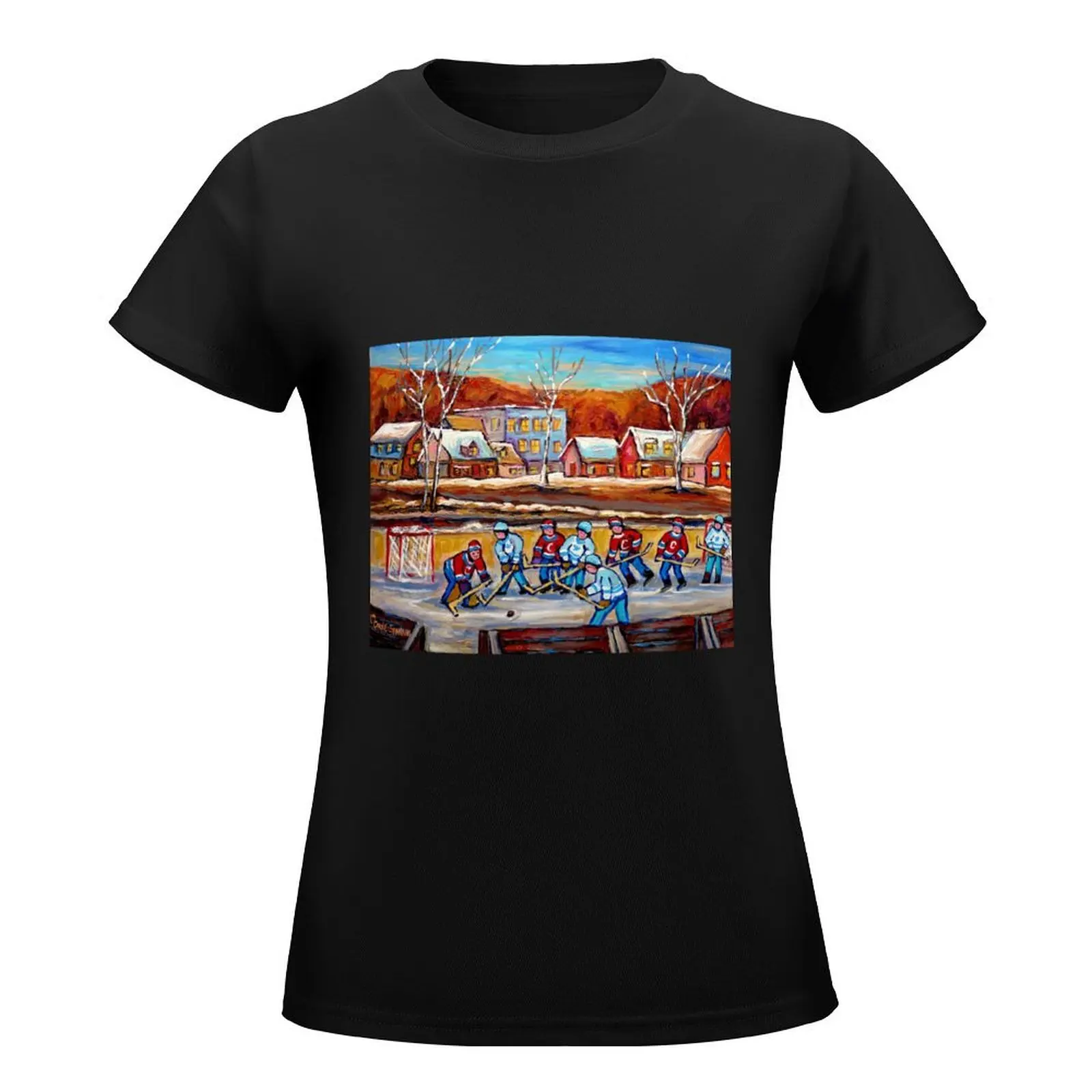 CANADIAN SCENERY POND HOCKEY ART PAINTINGS OF CANADA CAROLE SPANDAU T-Shirt cute tops vintage clothes cute clothes t shirt Women