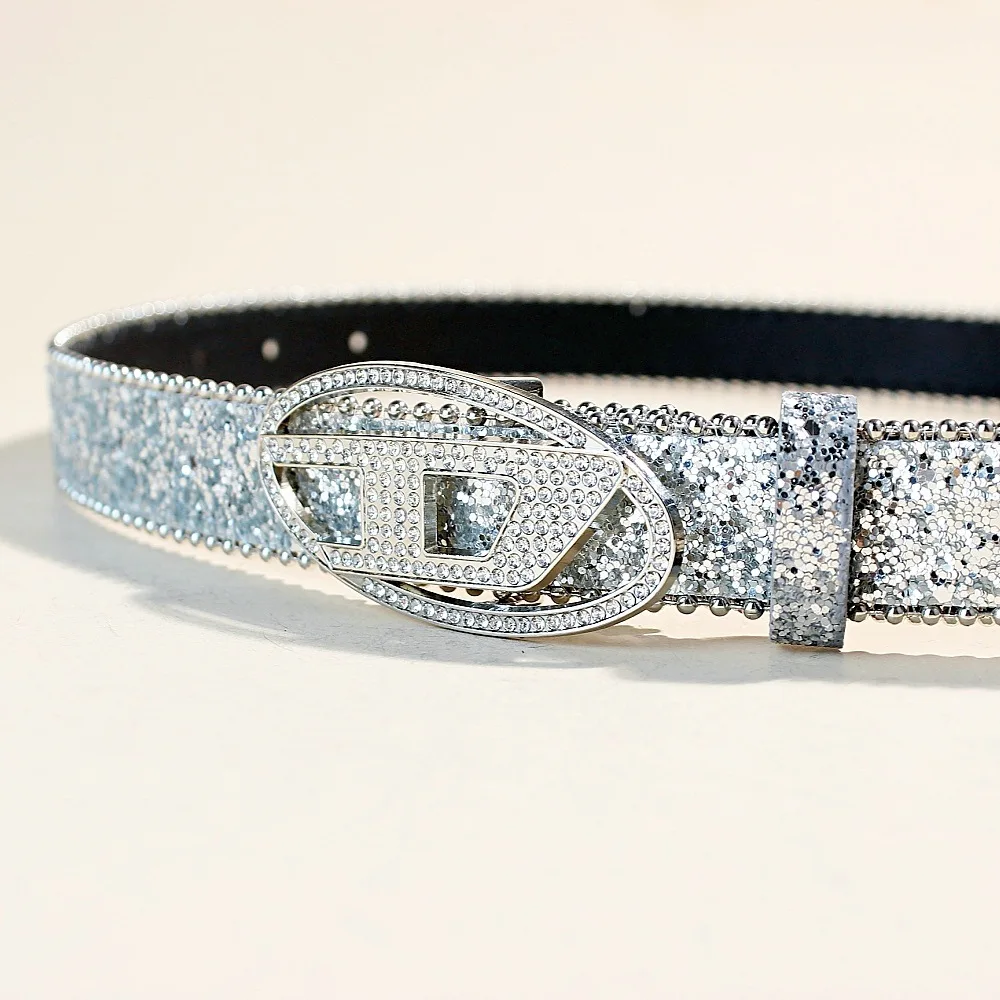 Ladies' rhinestone decorative belt letter D metal buckle belt, girls' belt