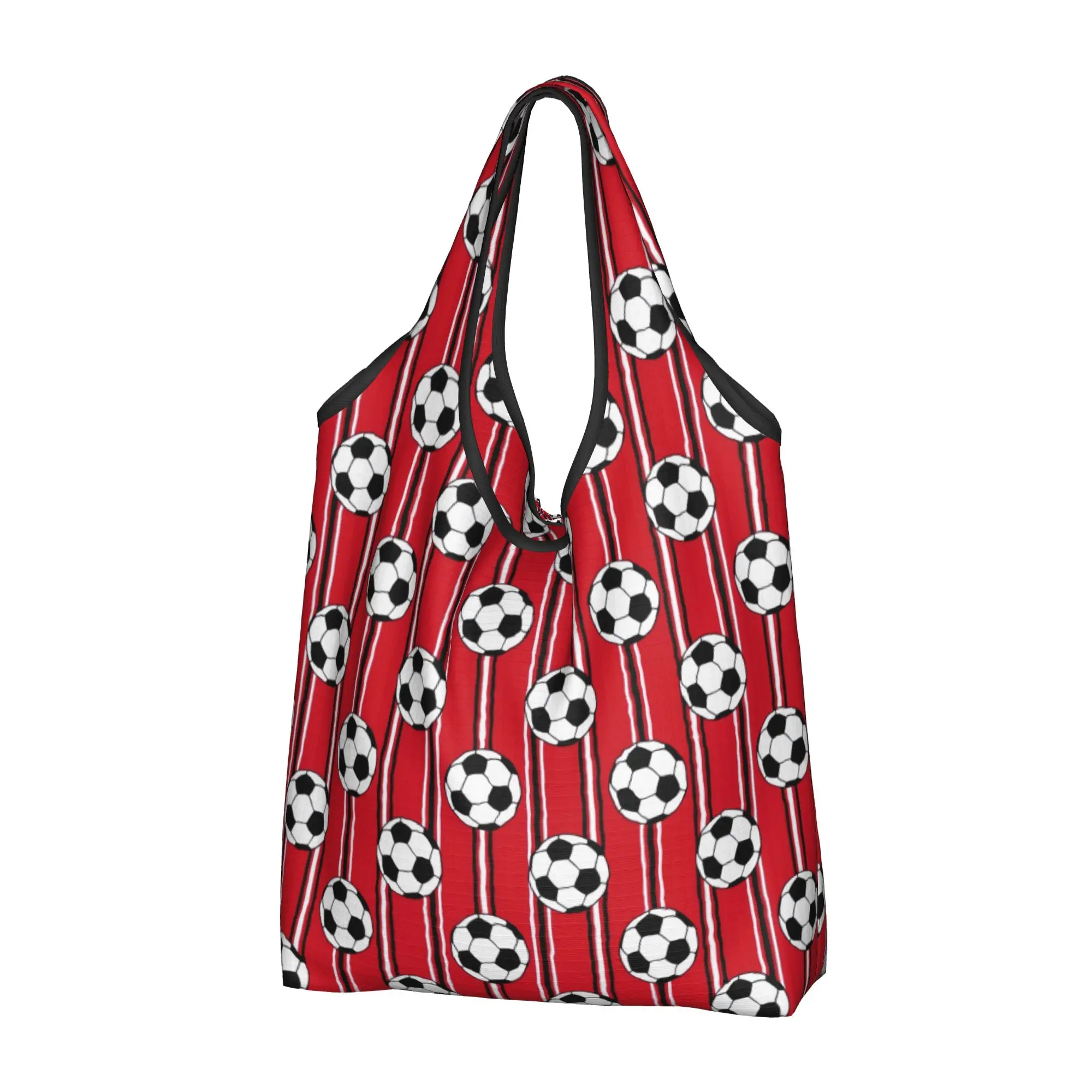 Recycling Vertical Stripes Red Footbally Black White Shopping Bag Women Tote Bag Portable Soccer  Grocery Shopper Bags