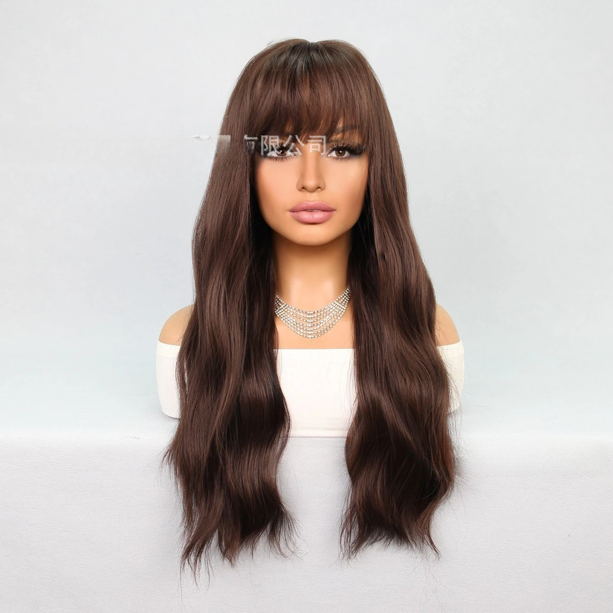 

European and American wigs Qi bangs natural wavy curly hair brown wig simulation hair