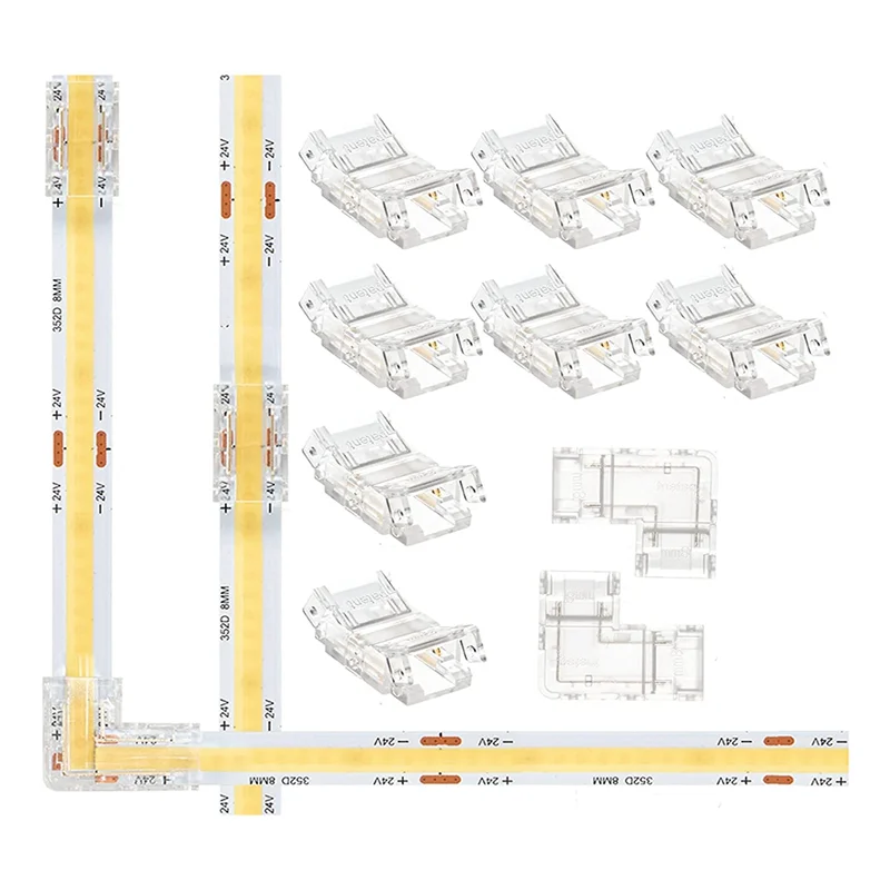 

Gapless 8mm 2 Pin COB LED Strip Connector 8 Pack and L Shape 2 Pin 8mm Cob LED Corner 2 Pack for 8mm Cob LED Strip Light