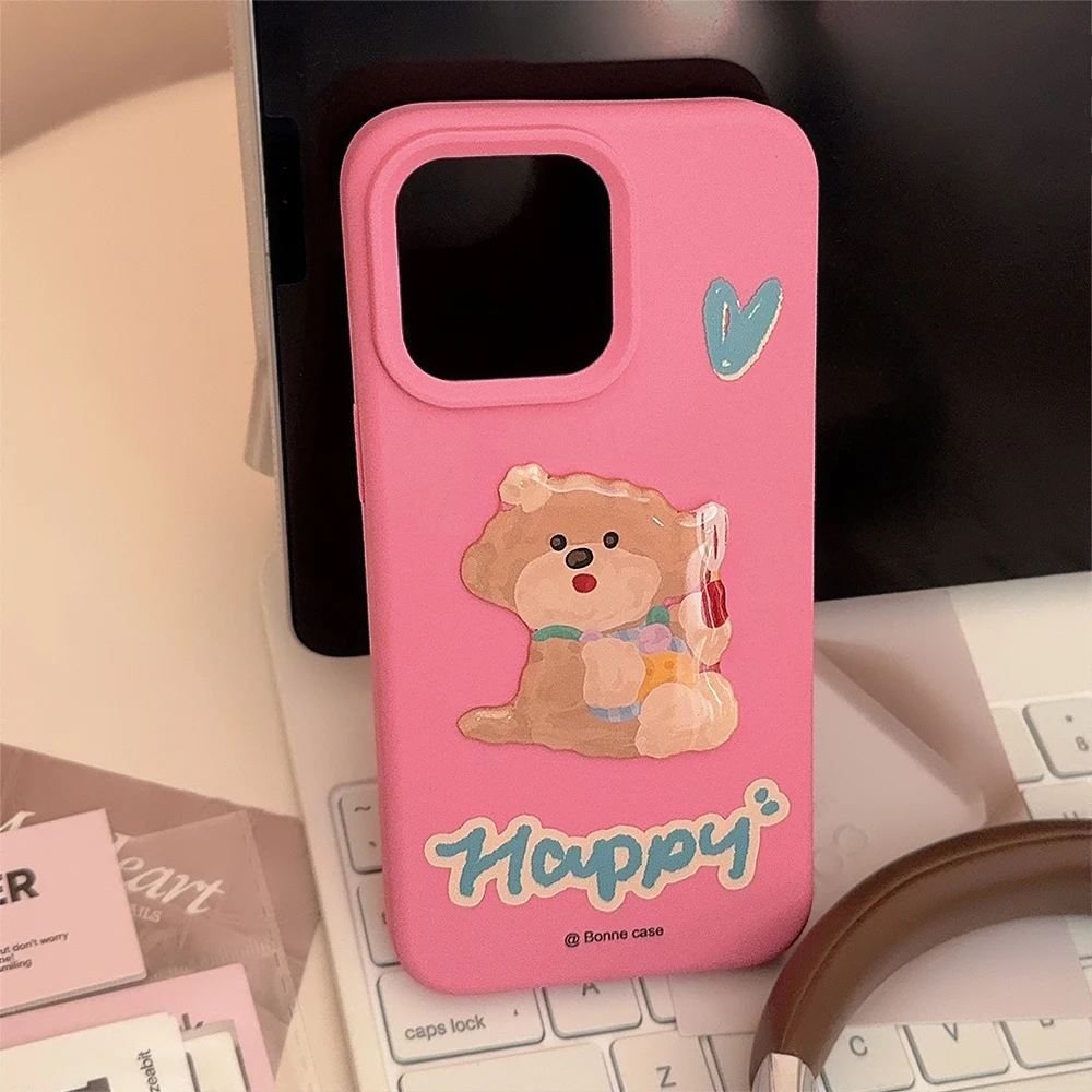 Cartoon INS Cute Sitting Dog Stickers Rose Red Silicon Phone Case for iPhone 16 15 14 13 Pro Max Back Phone Cover Capa