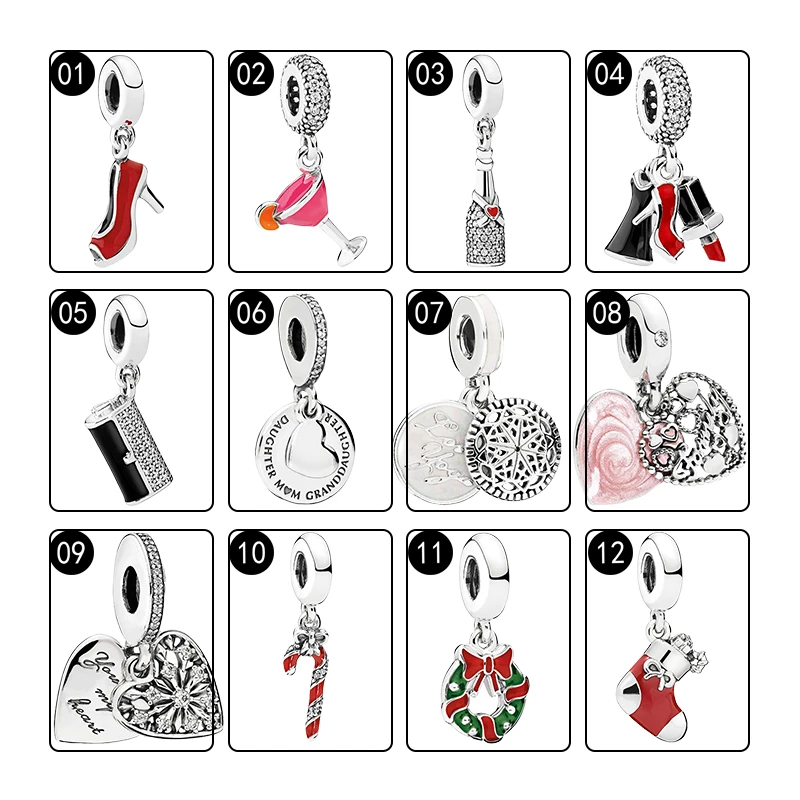 Silver 925 Pendants Charms For Women Bracelets DIY Stiletto Cocktail Clutch Bag Love Yoga Christmas Candy Cane Wreath Stocking