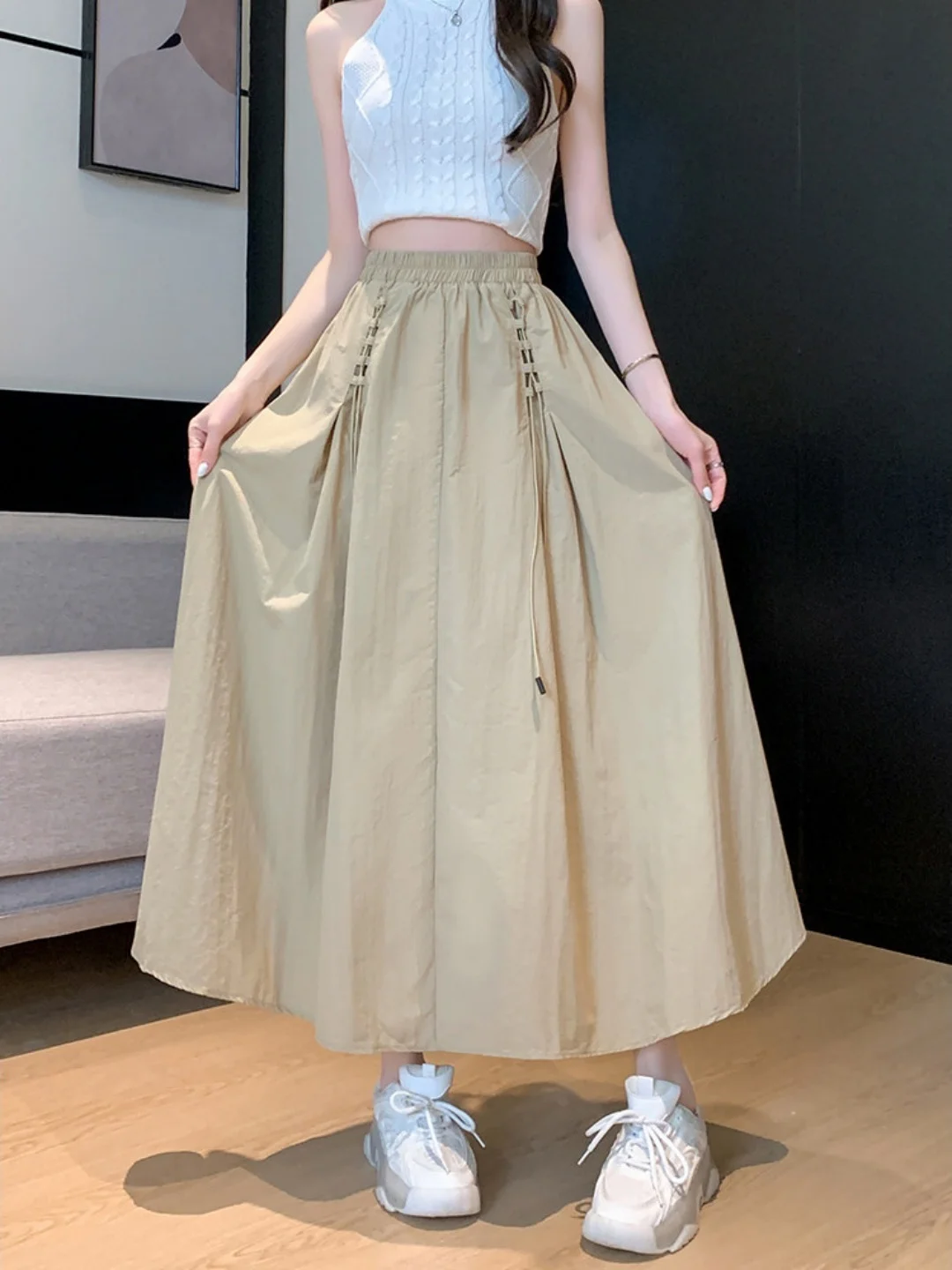 Khaki Workwear Half Skirt High Waist Slimming Loose Casual Versatile A-Line Skirt for Summer 2026 Elegant Home Outdoor Wear
