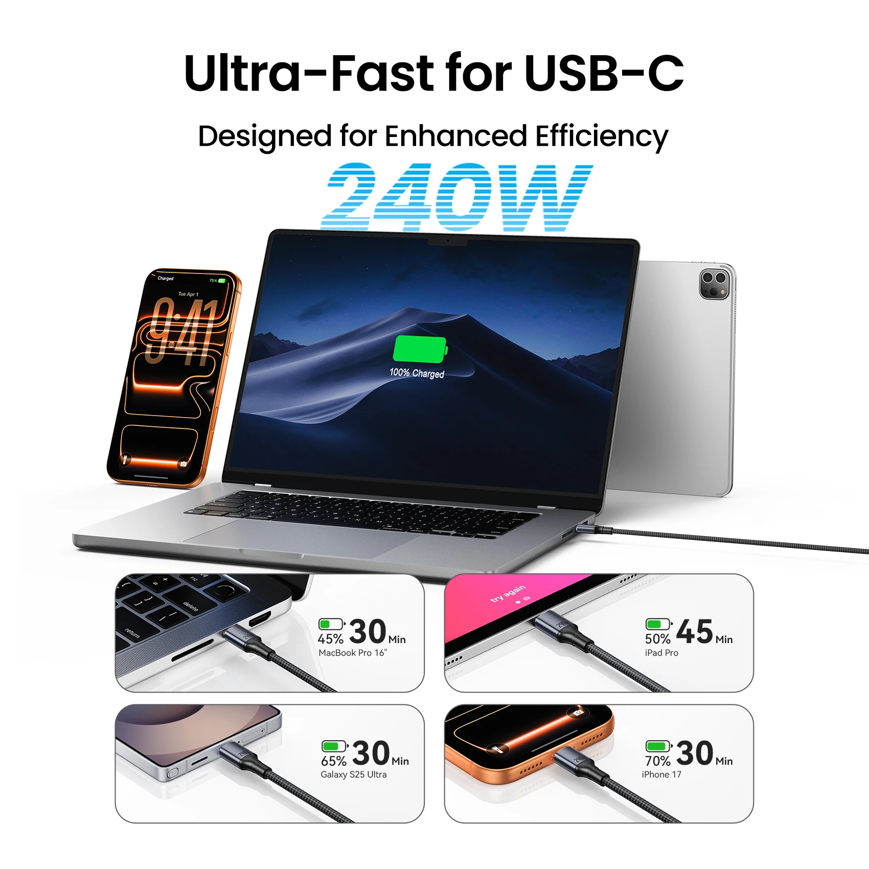 Kabel magnetyczny Vention 240W USB C do USB C PD3.1 do szybkiego ładowania, do MacBooka, laptopa, iPhone'a 17 16 15, Samsunga S25 — zdjęcie produktu 4