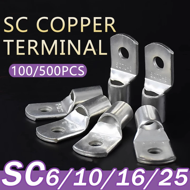 100/500Pcs SC Type Wire Nose Terminal Cable Lugs SC6 SC10 SC16 SC25 Bare Copper Battery Crimp Connector Hole 6mm 8mm 10mm