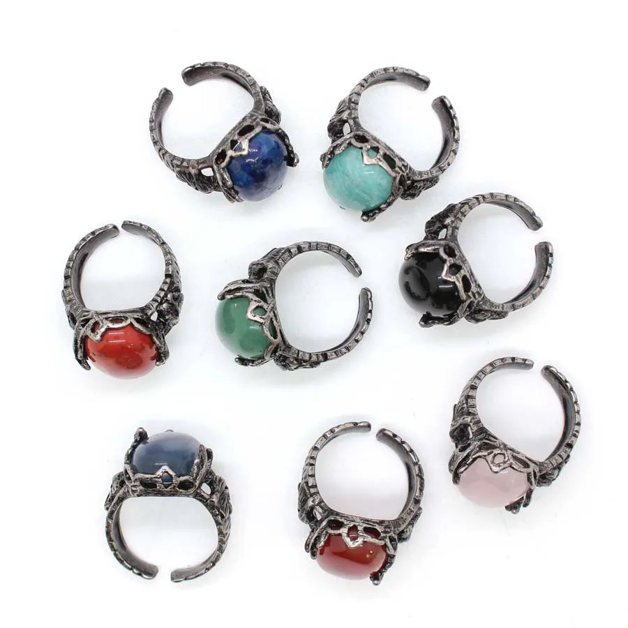 Antique Silver Crystal Stone Open Rings For Women Natural Amethyst Rose Quartz Lapis Lazuli Adjustable Finger Ring Man Jewellery