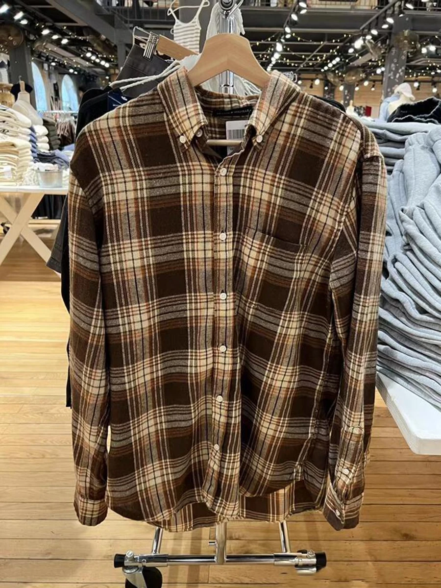 Brown Plaid Vintage T-Shirts Spring Turn Down Collar Single Breasted Cotton Blouse Top Femme Streetwear Long Sleeve Tee Shirt