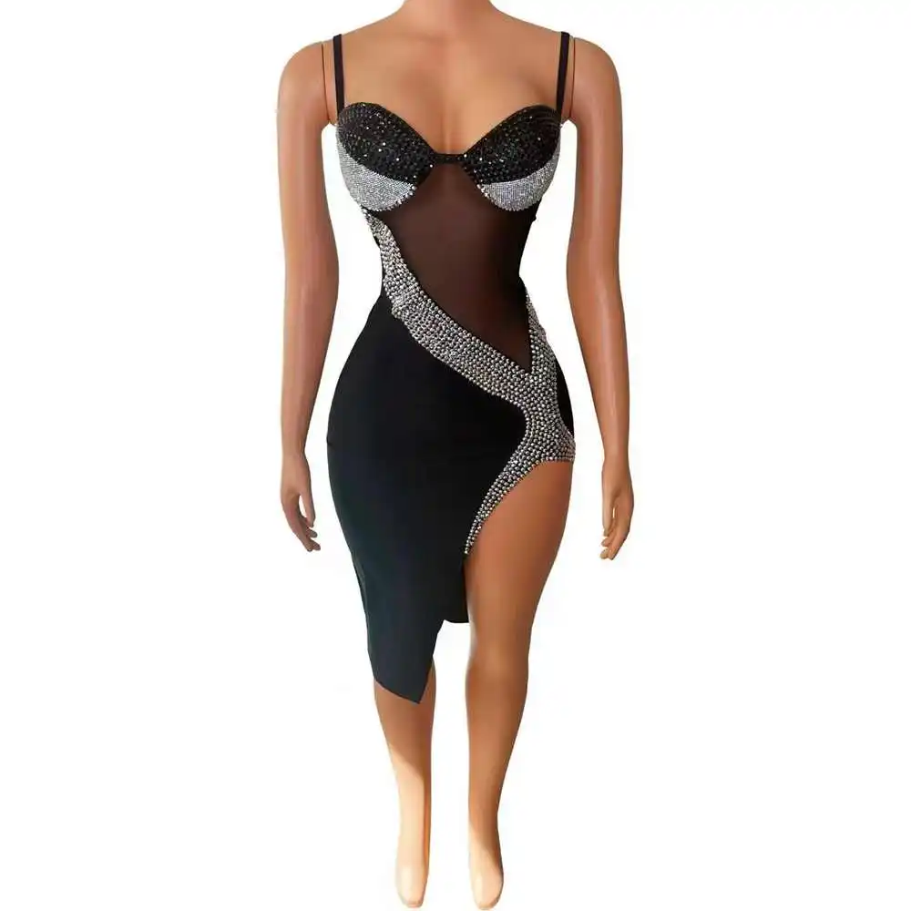 

Sparkly Rhinestones Slip Birthday Celebrate Evening Prom Dress for Women Sexy High Split Mesh Transparent Dance Costume