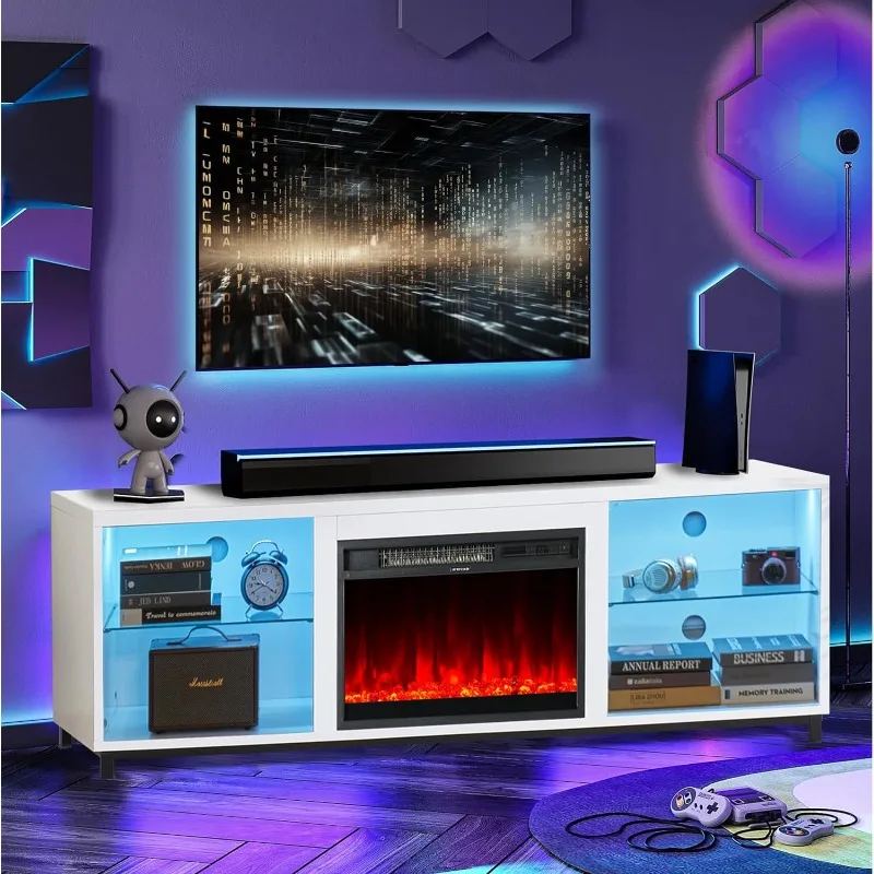 68 Inch Modern Fireplace TV Stand for TV up to 78 Inch, TV Cabinet with 3D Electric Fireplace,TV Console with Cable Holes