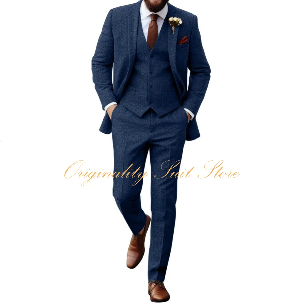 Setelan Jas Herringbone Tweed Retro untuk Pria, Slim Fit, Tuxedo Pengantin 3 Potong (Jaket, Rompi, Celana), Setelan Jas untuk Pernikahan/Pesta