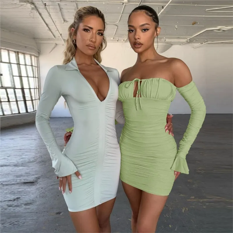 

Sexy Ruffle Short Club Dress Ladies 2025 Autumn Green Bodycon Dresses For Women Party Tight Mini Dress Clubwear vestido