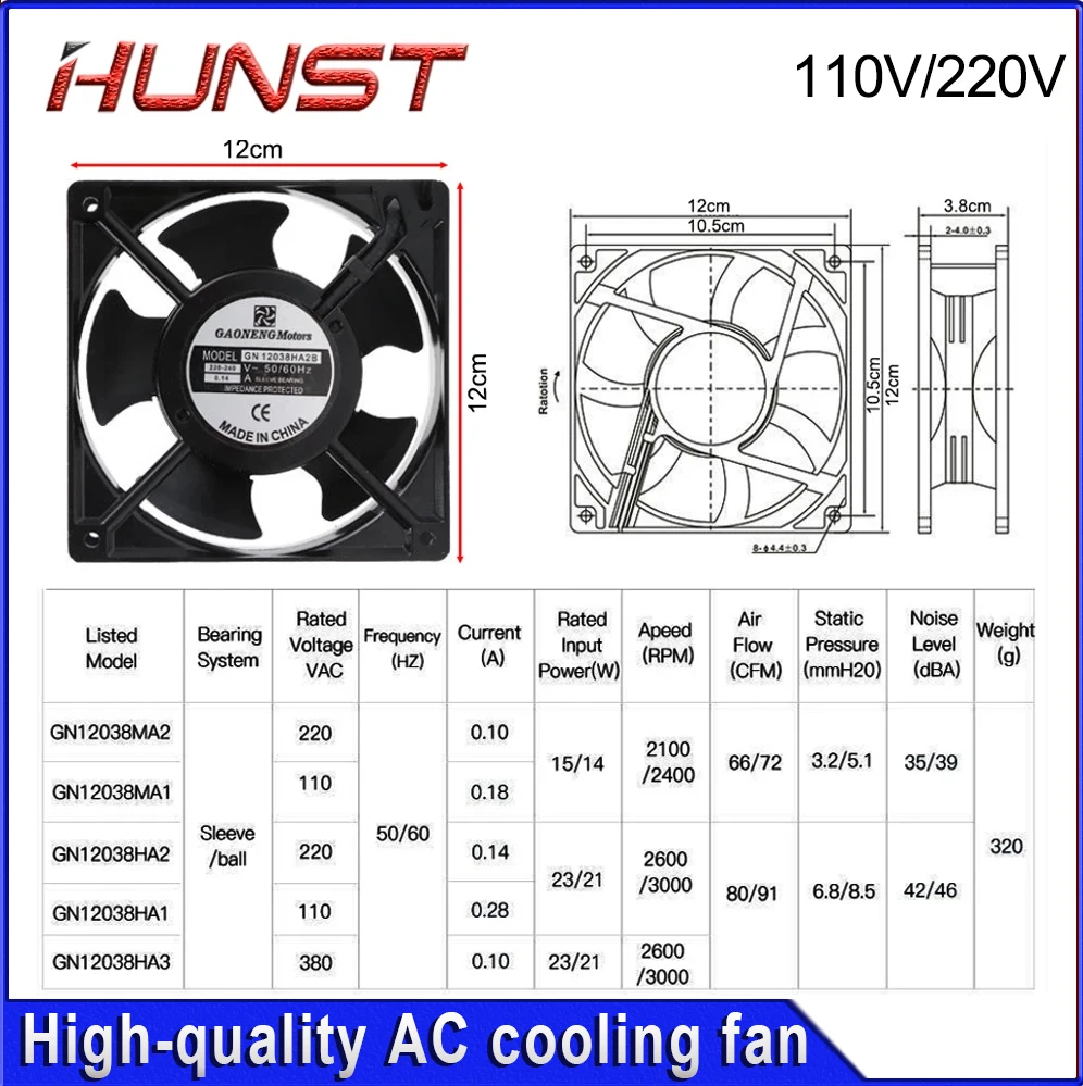 Hunst عالية الجودة مروحة التبريد إطار معدني من الألومنيوم GN12038HA 120*120*38 مللي متر GN8025HA 80*80*25 مللي متر 110/220 فولت التيار المتناوب 0.14/0.07A #4