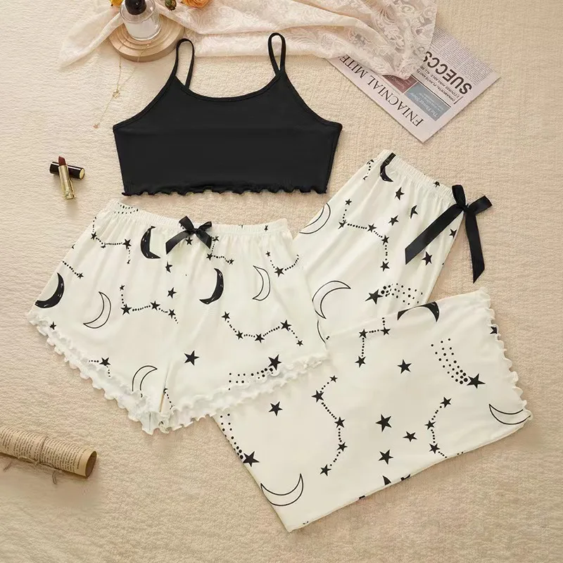 Summer Milk Silk Pajamas Fashion Print Suspenders Shorts Trousers Three-Piece Plus Size Valentine\'s Birthday Christmas gifts