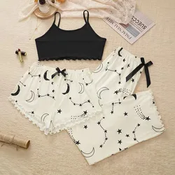 Summer Milk Silk Pajamas Fashion Print Suspenders  Shorts Trousers Three-Piece  Plus Size Valentine's  Birthday Christmas  gifts