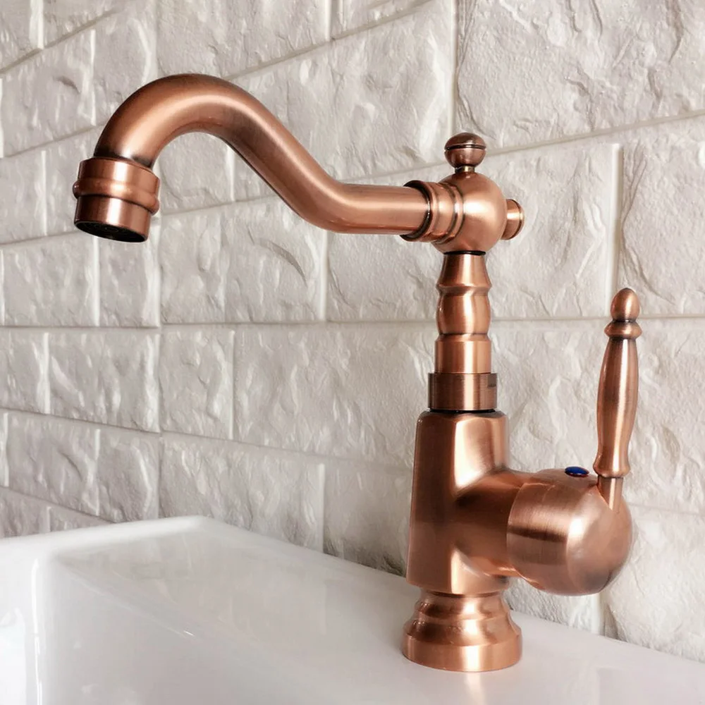 Antique Red Copper Concise Bathroom Faucet finish Basin Sink Faucet Single Handle water taps Nnf397