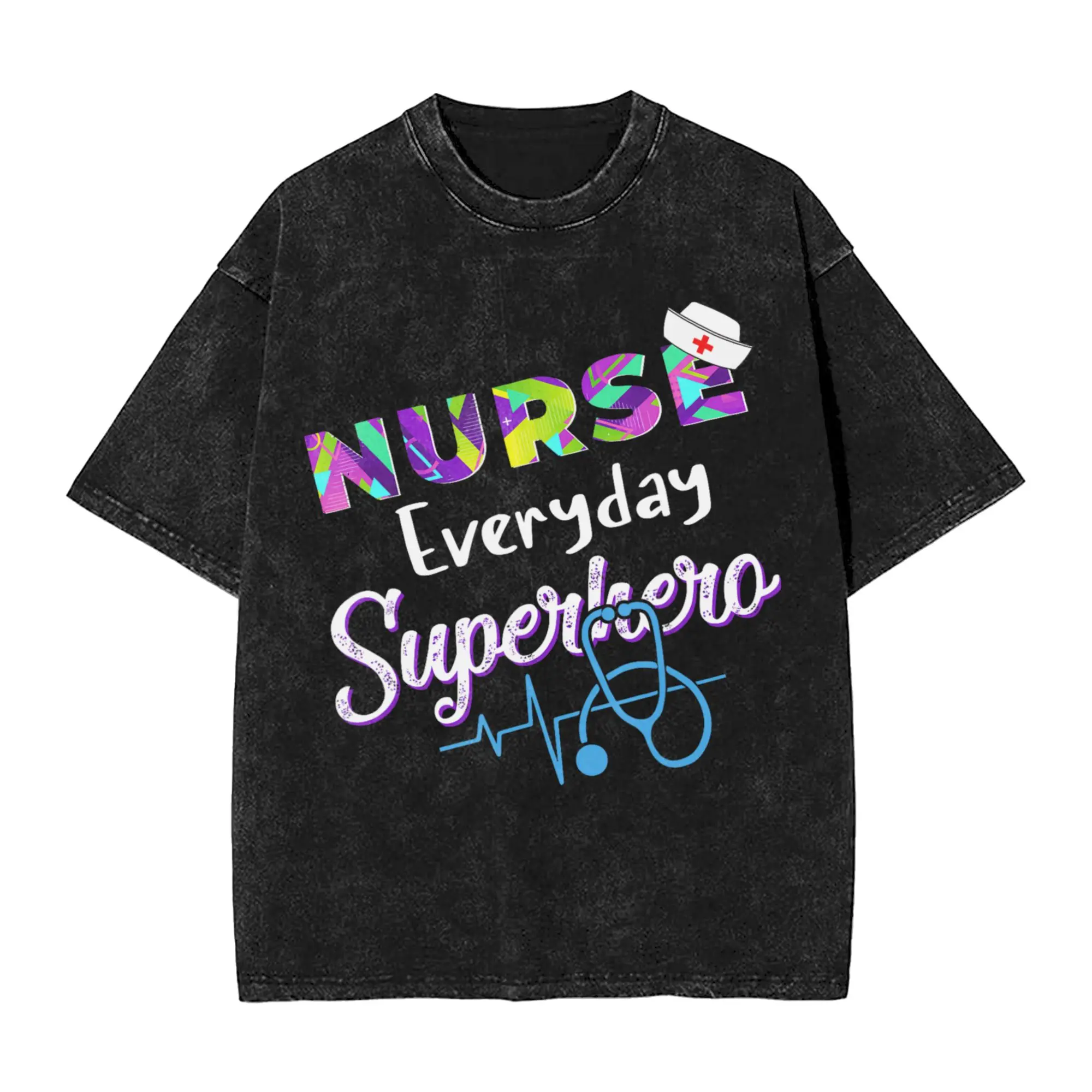 Washed T Shirt Nurse Every Day Superhero Hip Hop Cool T-Shirts Nurses Day Streetwear Cotton Graphic Printed Tees for Men Women