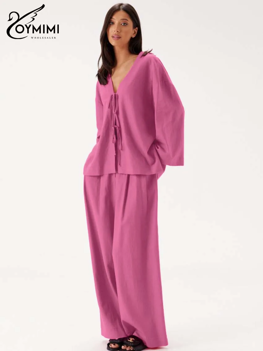 

Oymimi повседневные розовые хлопковые комплекты из двух предметов, женские модные рубашки с v-образным вырезом и длинными рукавами на шнуровке с боковыми разрезами и прямыми брюками