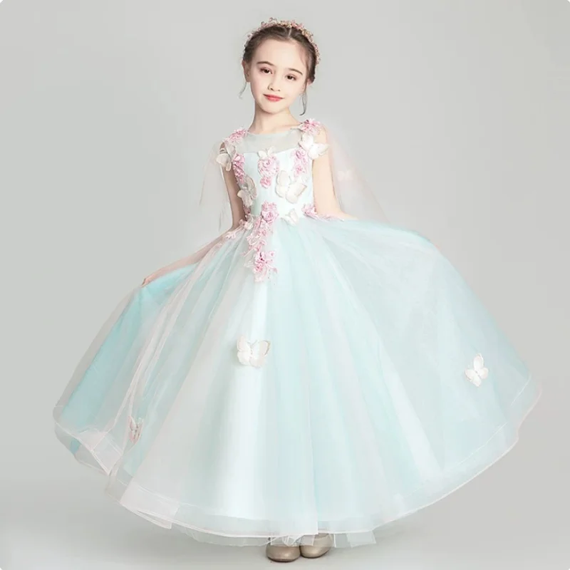 Fairy Mint Blue 3D Butterfly Floral Flower Girl Dress Sleeveless Illusion Neck Tulle Kids Wedding Birthday Piano Party Dresses