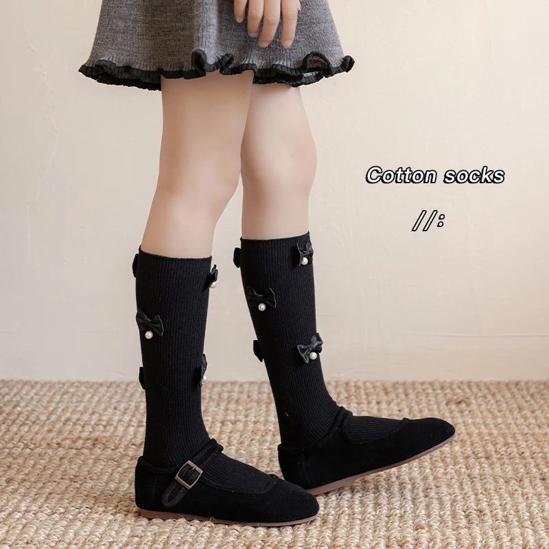 Full Pearl And Ribbon Mini Bowknot Embellished Long Stockings Lolita Style Girls Elastic Soft Elegant Accessory Knee High Socks